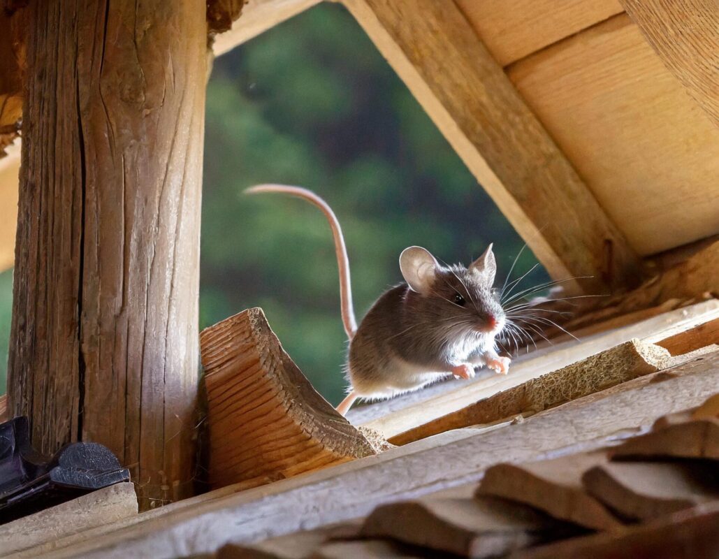 Maus läuft auf Dachboden